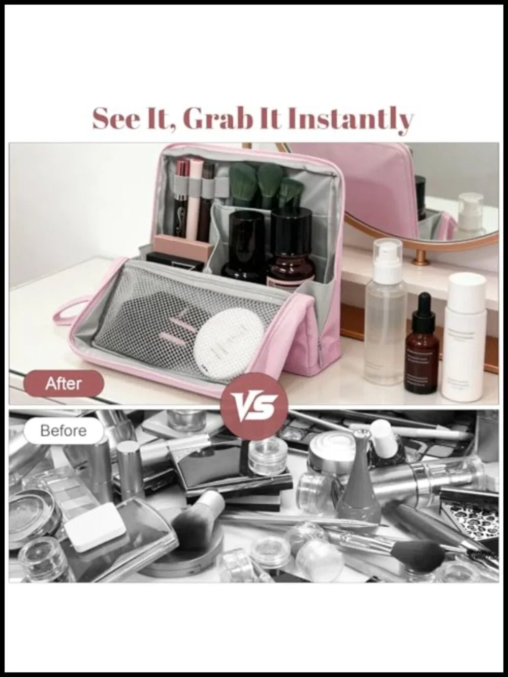 Stand Up Makeup Bag with Multiple Compartments PU Leather Foldable Travel